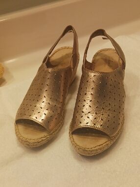 Clarks Metallic Bronze Perforated Slingback Wedge Espadrilles